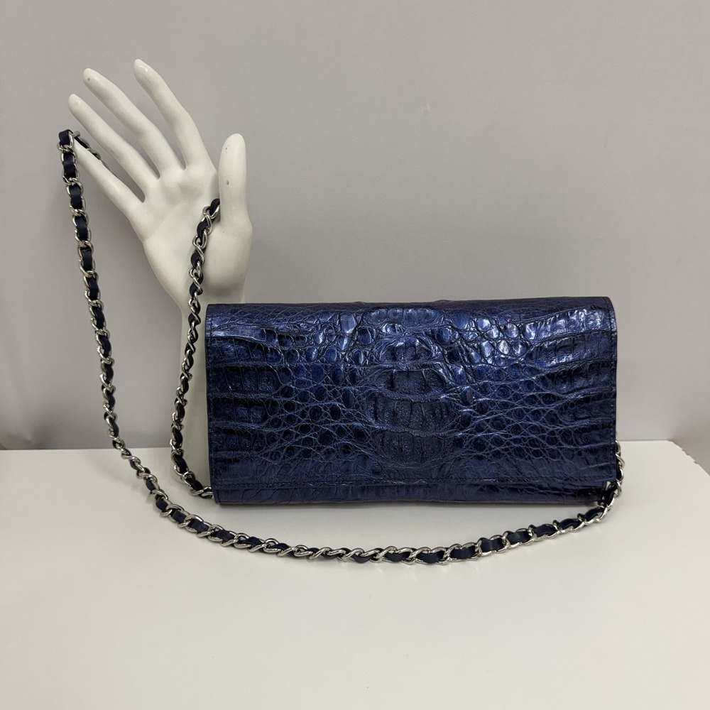 Genuine Alligator Shoulder Bag or Clutch Metallic Blue Tone RARE Color